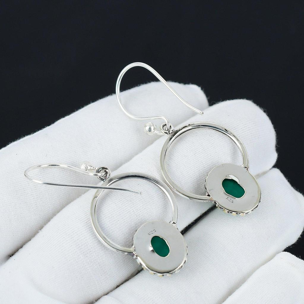 Natürliche grüne Onyx Edelstein Ohrringe, 925 Sterlingsilber Ohrringe, Handgefertigter Boho Silberschmuck Hängeohrringe, Jubiläumsgeschenke