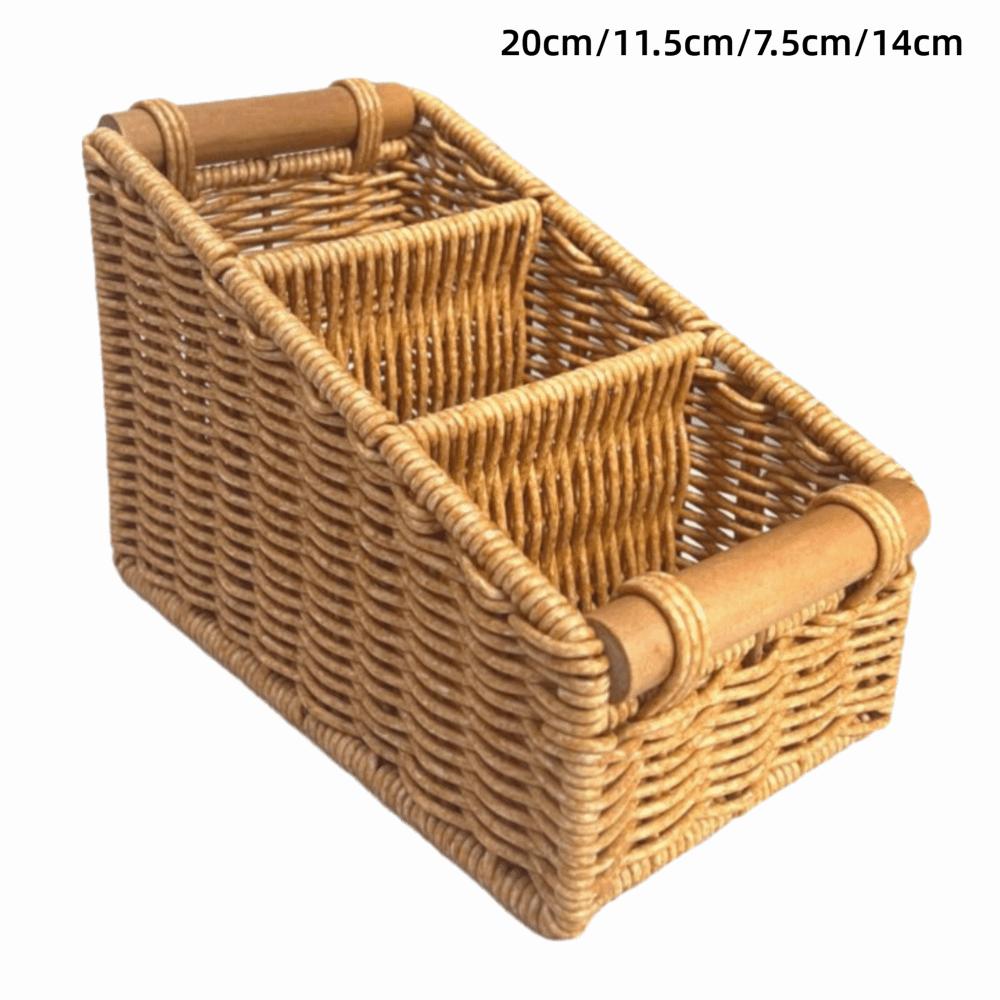 Multi-porpose Compartmentalized Storage Box Brown Plastic Sundries Organization Box Bevel Step Divided Grids Weaving Basket