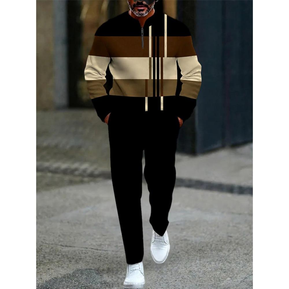 Frühling Herbst Mode Streetwear Herren Langarm Halbreißverschluss Stehkragen Lässige Sportbekleidung Herrenbekleidung Zweiteiliges Set