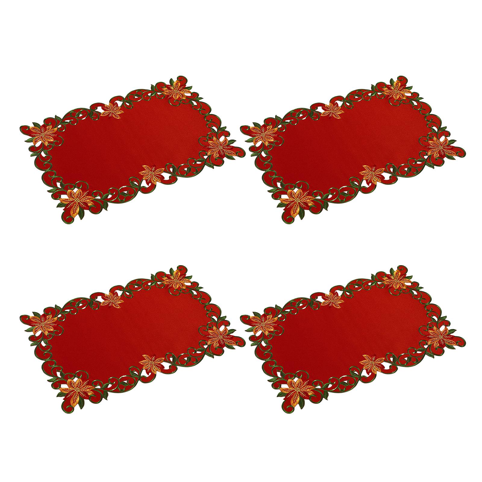 

4 Pcs Christmas Embroidered Flower Rectangular Table Mats 11.02x16.93in Poinsettia Placemats for Party Kitchen Dining Decoration 4PCS червоний