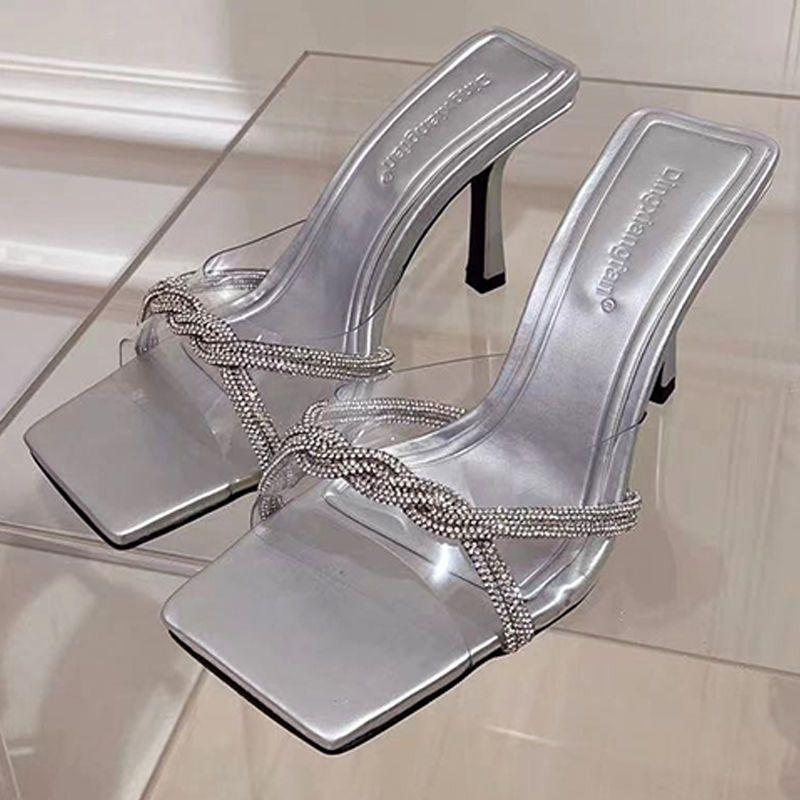 OMG! Summer Beautiful Transparent Word with Rhinestone Cool Slippers Women Wear Silver Sexy High-heeled Sandals Women's Models