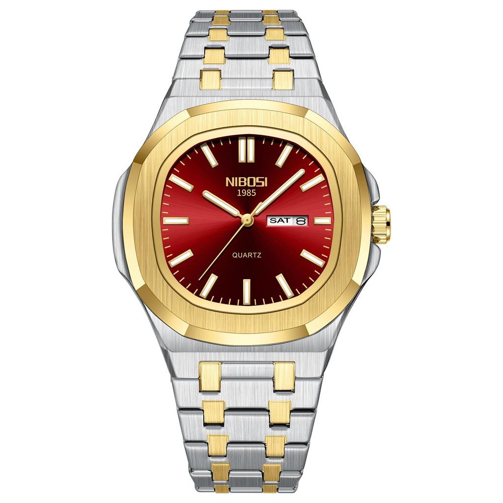 Waterproof Mens Square Quartz Watch Luminous Day Date Display Steel Strap Classic Casual Daily Wristwatch
