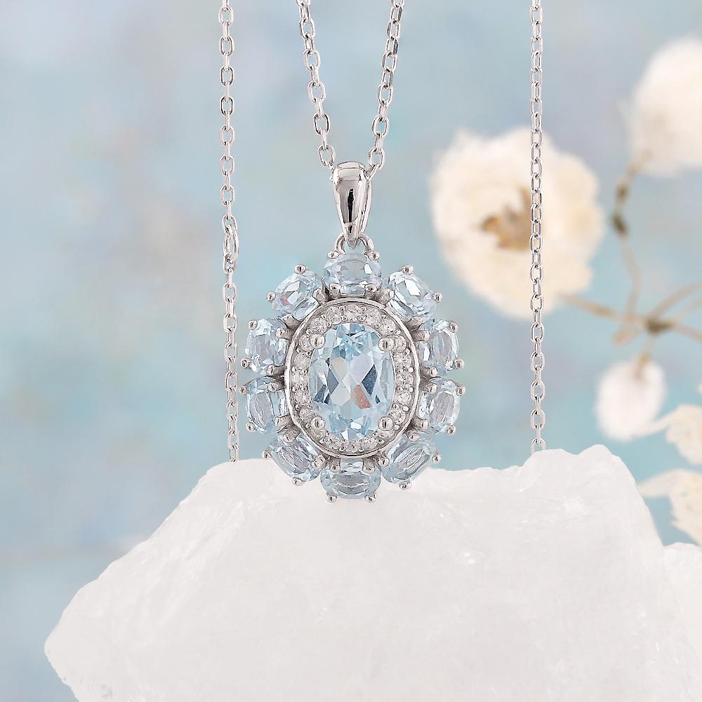 2026, 925 sterling silver pendant necklace natural Brazil Sky Blue Topaz Flower design fine jewelry for women's anniversary gift