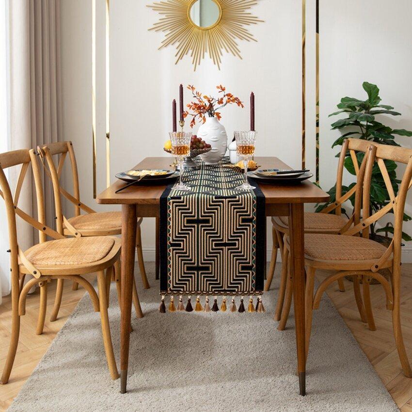 

Геометрическая линия, жаккардовый дизайн, скатерть, современная роскошь, черное золото, обеденный стол в центре, длинная скатерть, украшение для домашнего фестиваля 35x160cm золотой