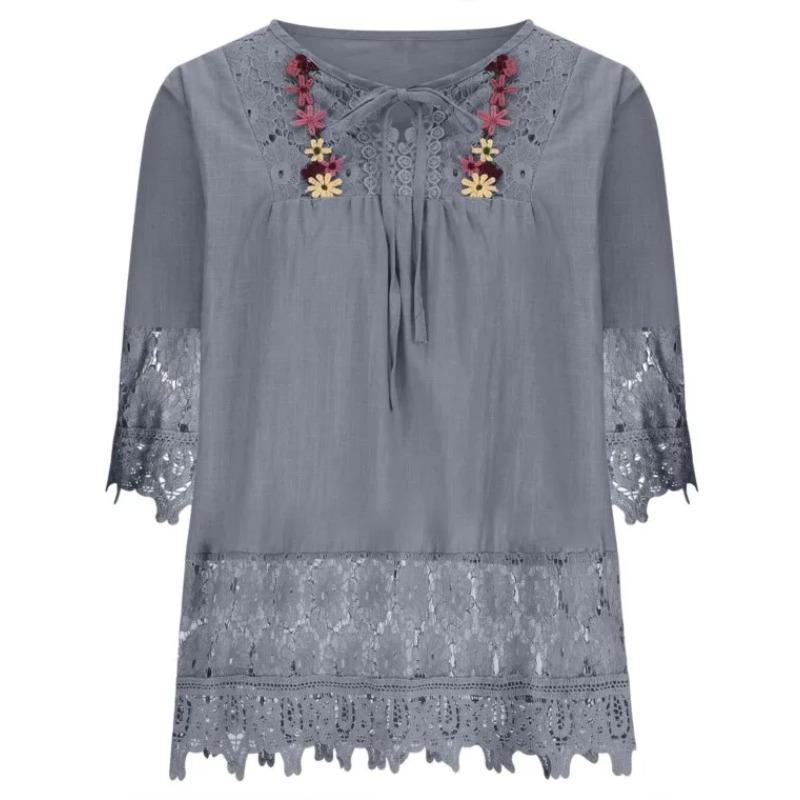 Sommerbluse Damen V-Ausschnitt Spitze Hemd Bluse Elegante Damenmode Lässig Dame Locker Leinenhemden