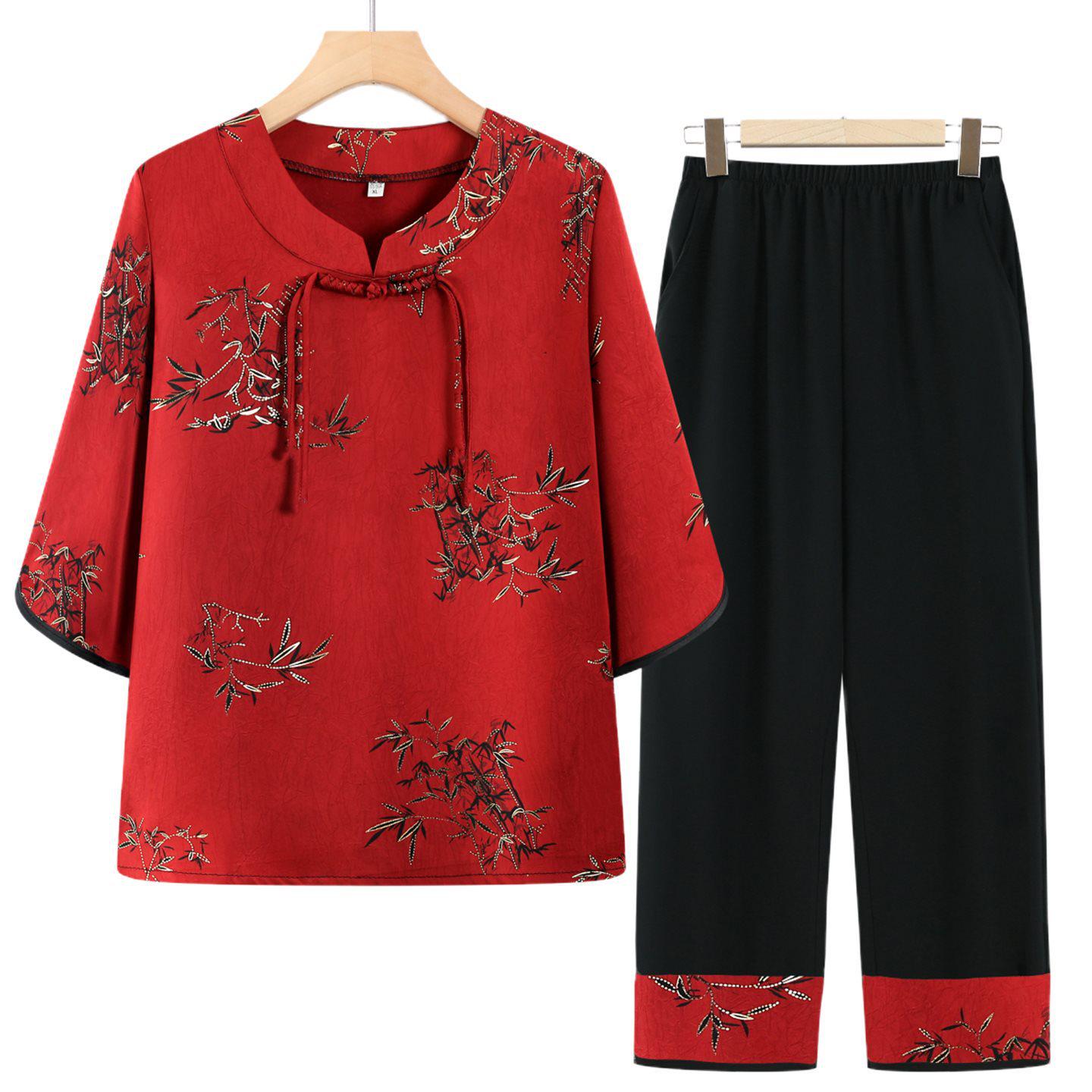 

Chinese Style Summer Two-Piece Set: Short-Sleeved Outfit for Middle-Aged & Elderly Women XL (suggested 80-100 jin)