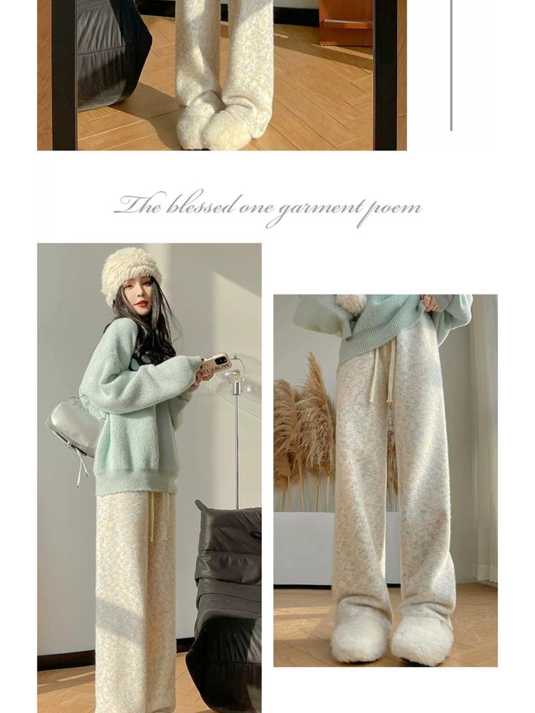 Rainbow Fleece Wide-Leg Soft Knit Pants - Women's Floor-Length Casual Narrow Leg Design