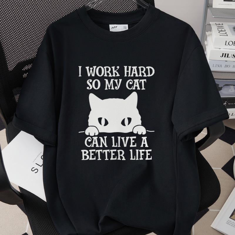 Trendiges Grenzüberschreitendes Katzen-Print-T-Shirt, 260g Reine Baumwolle, Kurzarm, Einfach 1002-45