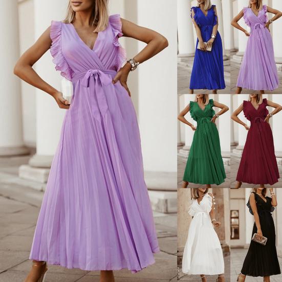 Solid Color Dress Women Lace-up Summer Sexy Wedding Large Hem Long for Banquet