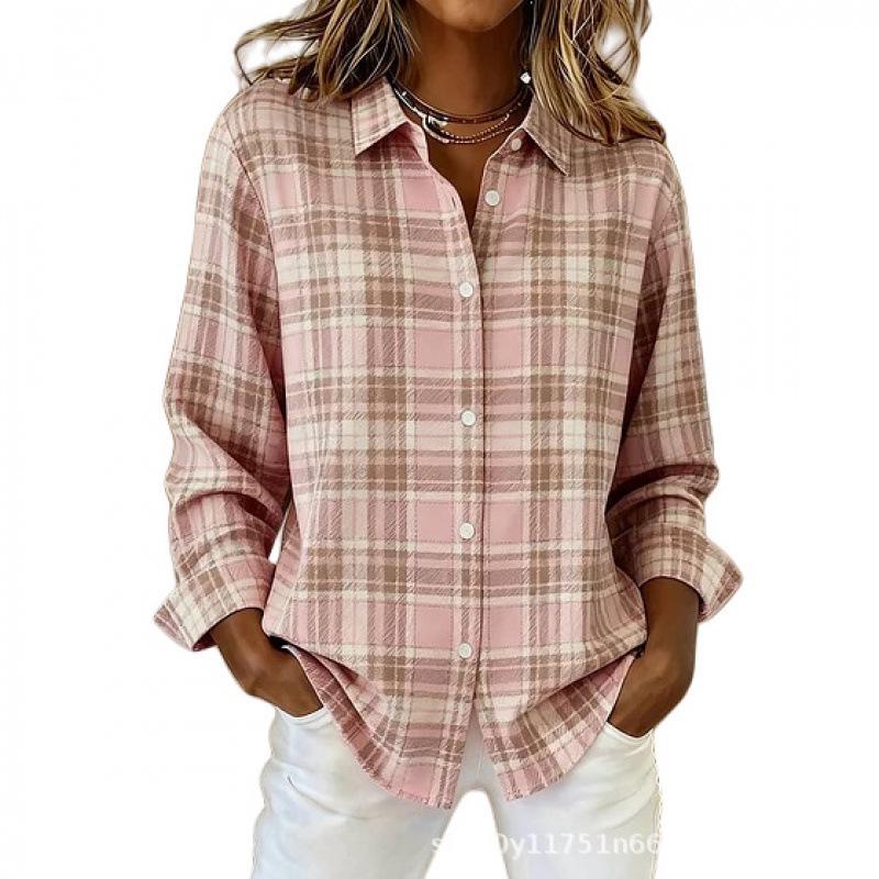 Women's Long-Sleeve Pink Floral Plaid Shirt - 3D Print Versatile Top