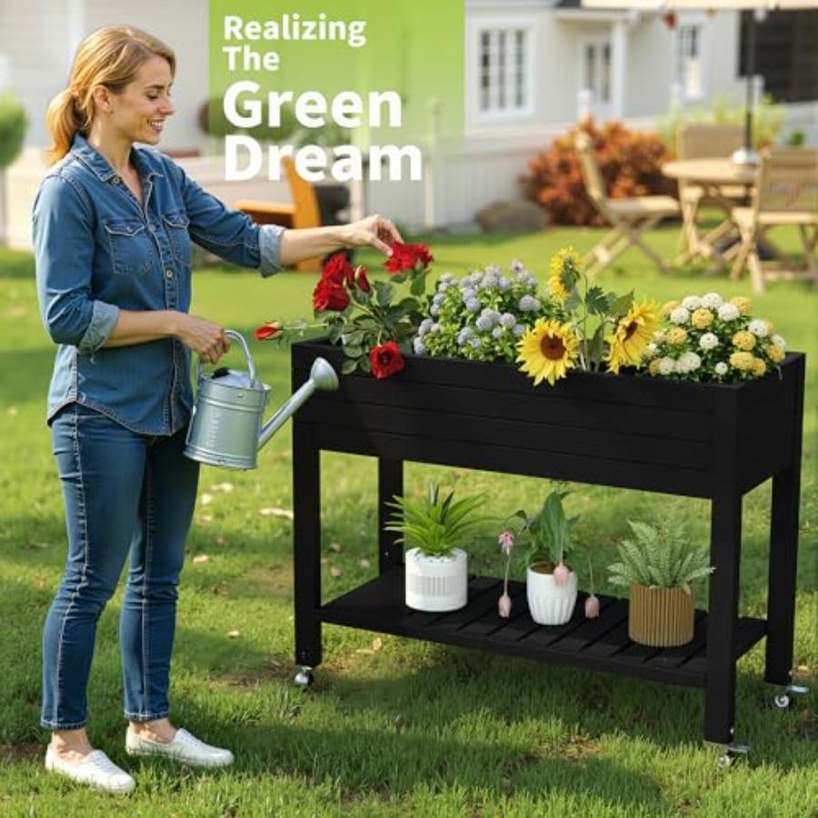 Raised Garden Bed with Legs 33.66 Tall Self-Watering Resin Planter Box with Lockable Wheels Drainage Plug and Gauge for Vegetab