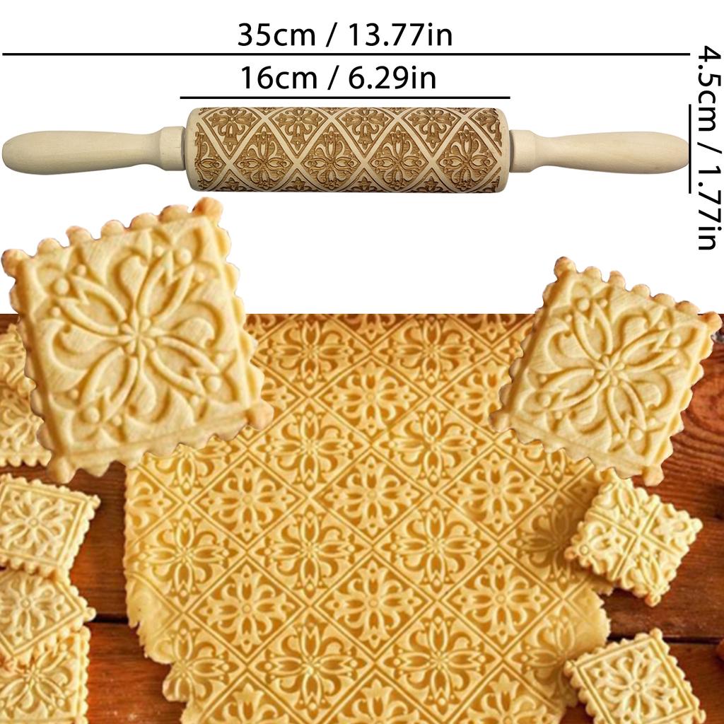 Wooden Rolling Pin for Christmas, 3D DIY Engraved Embossing Rolling Pins with Xmas Reindeer Flower Pattern, for Baking Cookies