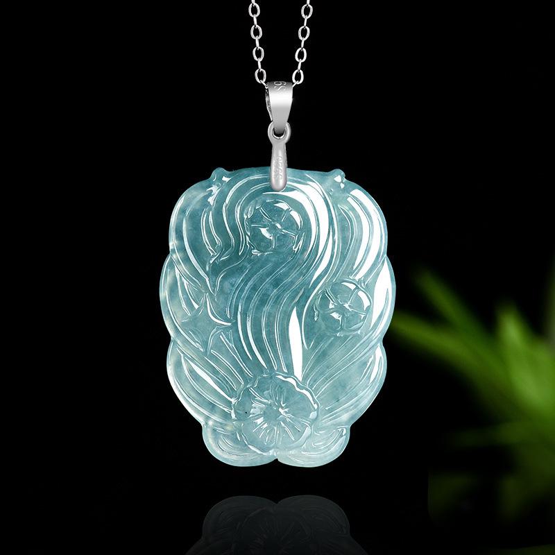 A-Grade Blue Water Nine-Tailed Fox Ice Jade Pendant with S925 Silver Inlay