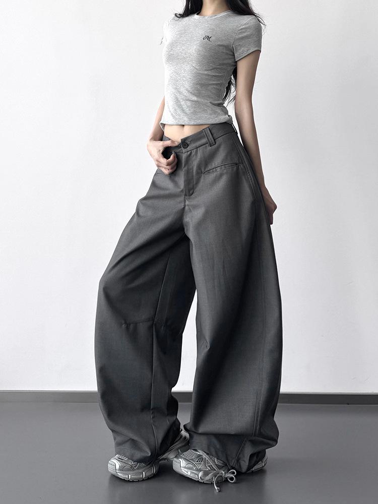 2026 Spring Women's Wide-Leg Gray Suit Pants: Popular Loose Western-Style Casual Trousers