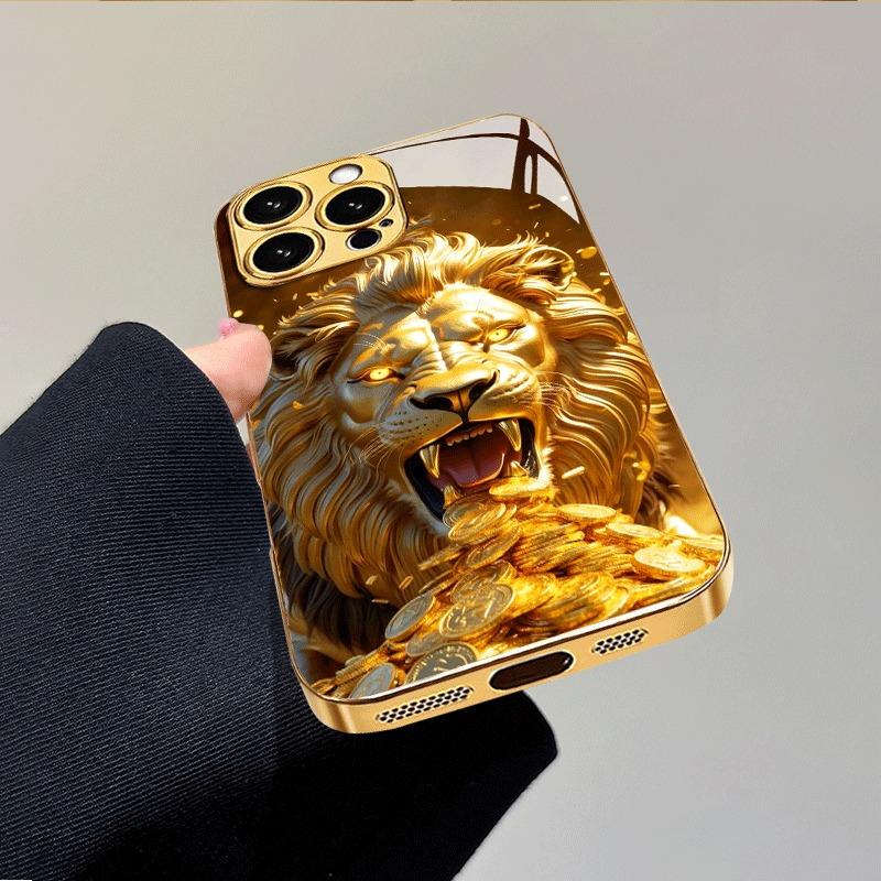 Golden Roaring Lion Pattern Gold Metallic Paint Glass Phone Case For iPhone 17 Pro Max 11 12 13 14 15 16 Plus 17 Air 16E Cover