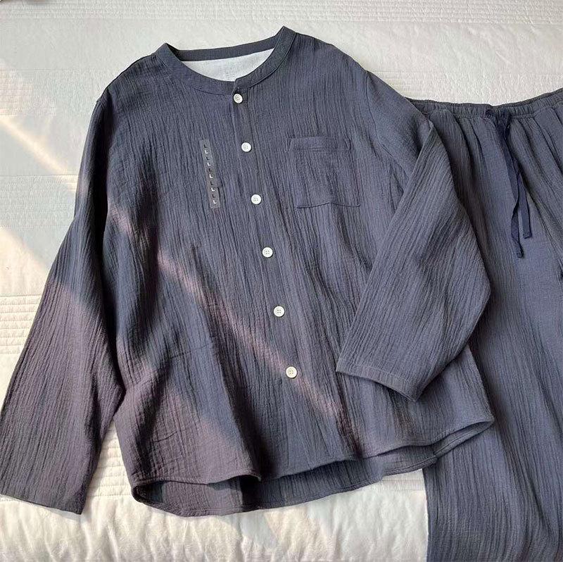 Chinese Round Neck Cotton Crinkled Fabric Pajama Set Large