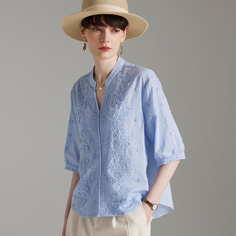 Wudao Women s 100% Cotton French Embroidered V-Neck Half-Sleeve Shirt L