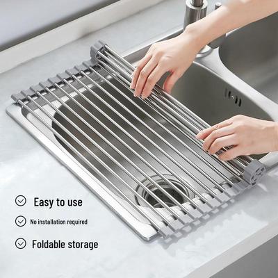 Stainless Steel Roll-Up Sink Rack: Silicone Drain, Bowl, Utensils, and Produce Organizer