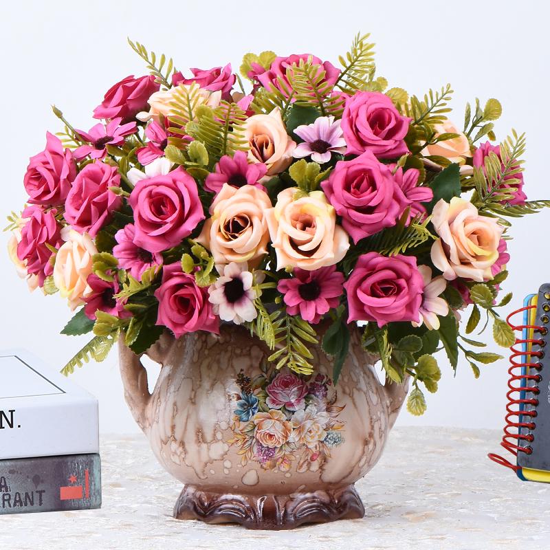 European Rose Silk Floral Arrangement - Artificial Bouquet for Living Room & Dining Table Decor