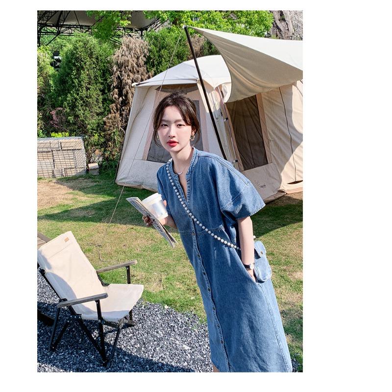Vintage Hong Kong Style Denim Dress for Women Summer Thin Fabric High End Sense Loose Casual Straight Long Dress