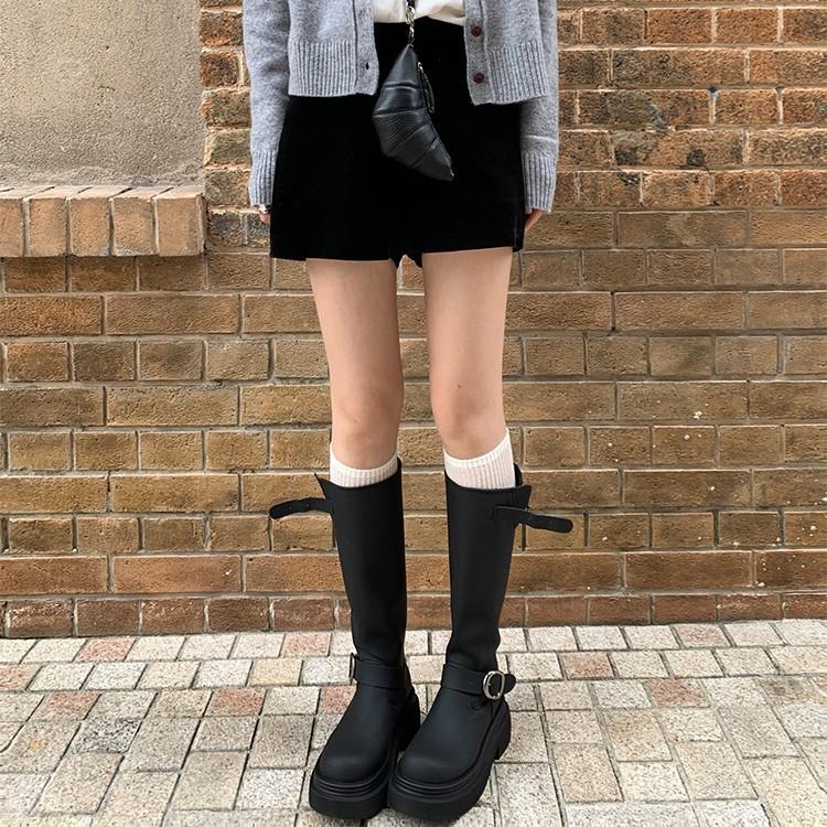 Version Cuir de Vache~ Boucle de Ceinture Mais Bottes au Genou Femme Tête Ronde Polyvalentes Semelle Épaisse Rehaussantes Noires Hautes Bottes de Chevalier Femme