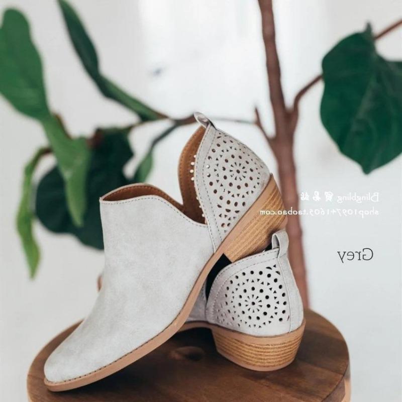 Chelsea boots autumn and winter new hollow pointed low tube square heel women's boots