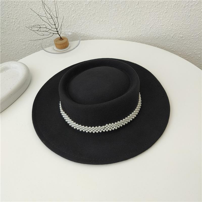 French Wool Woolen Groove Small Pearl Camel Hat Women's Autumn and Winter Fashion Versatile Personality Street Shot Concave Top Hat
