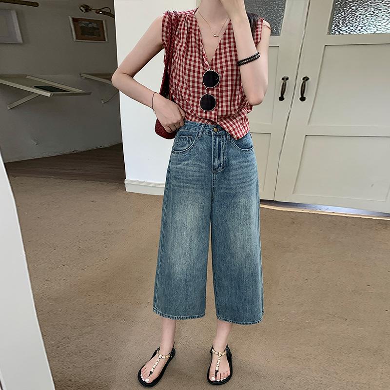 

Women s Retro High-Waisted Loose Wide-Leg Cropped Denim Pants - Spring/Summer Style L