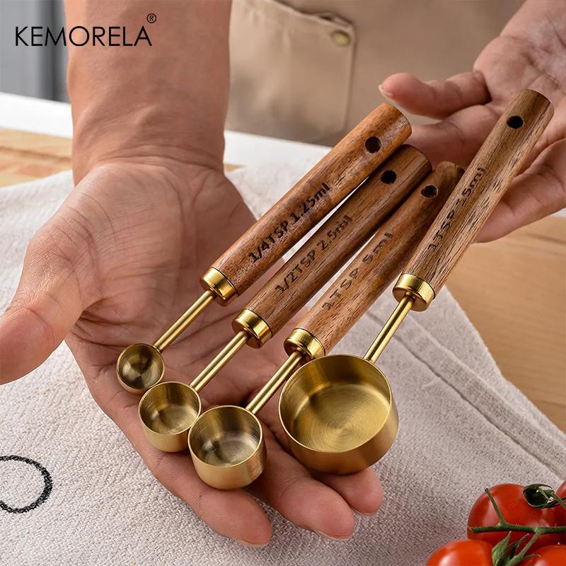 4PCS Measuring Spoon Set Wooden Handle Stainless Steel Measuring Cups Spoons Baking Tools Coffee Bartending Kitchen Accessories