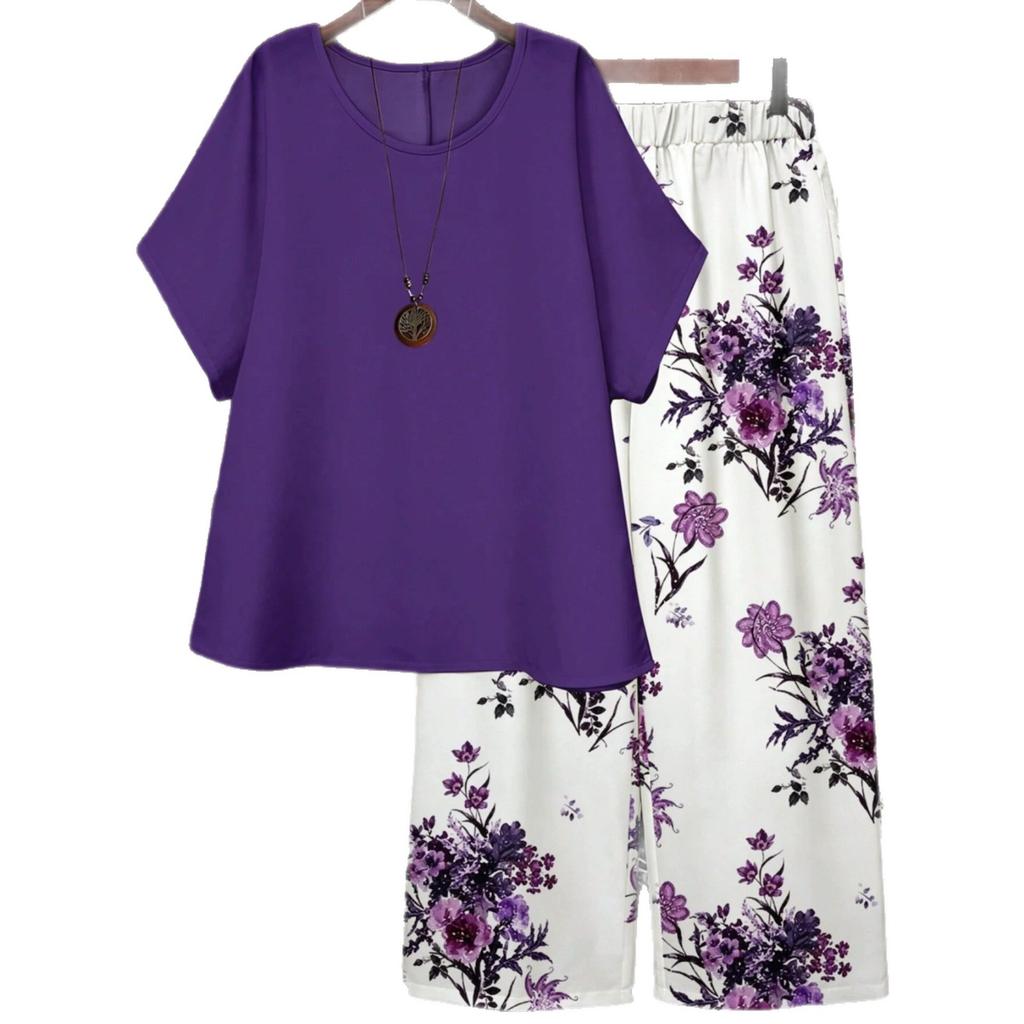 Women's Plus-size Summer New Style Casual Short-sleeved Printed Wide-leg Pants Top and Pants Two-piece Set