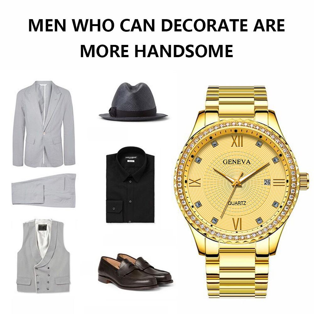 Pánské křemenné hodinky v korejském stylu s kamínky a kalendářem na řemínku pro business casual nošení