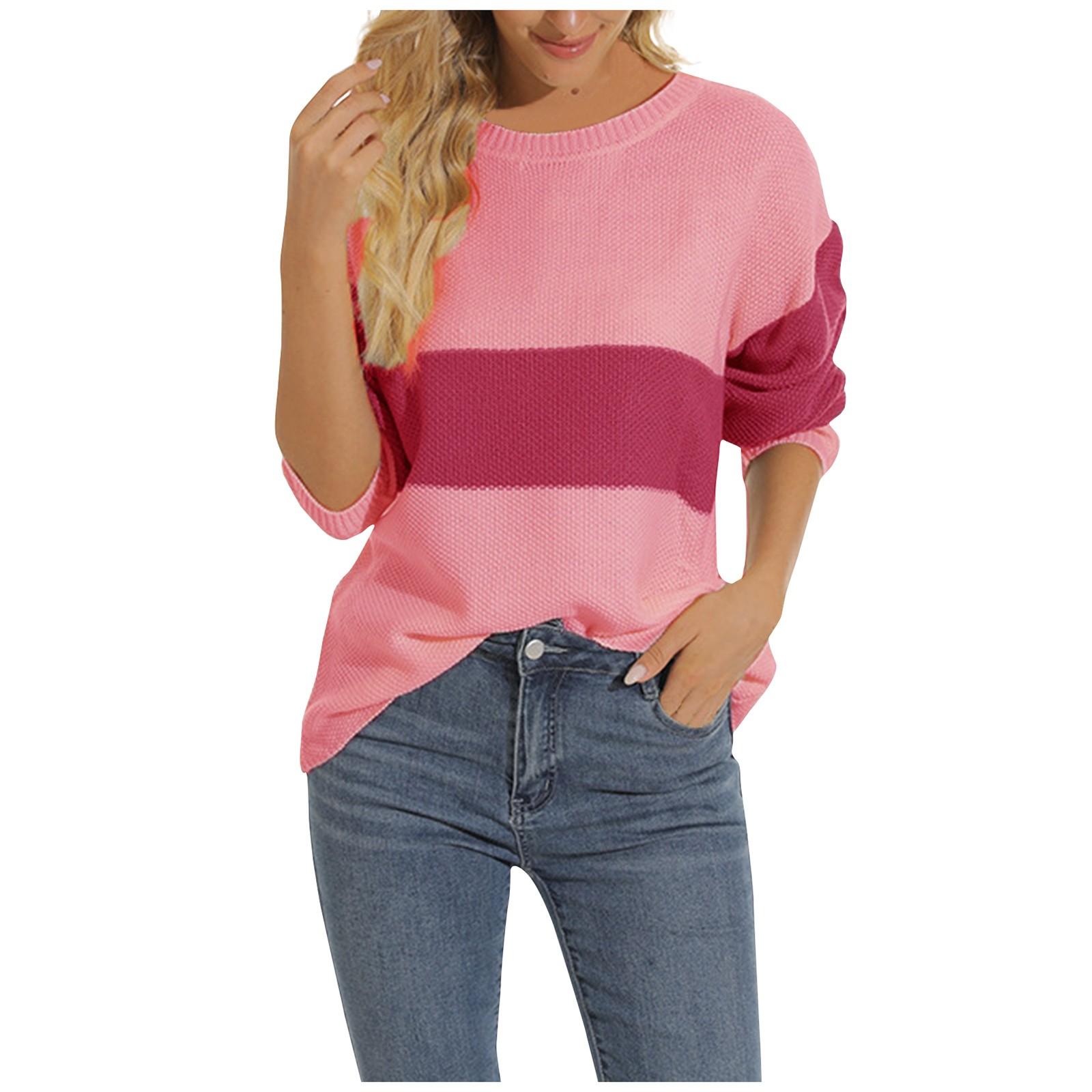 Женский модный трикотажный свитер с круглым вырезом и длинными рукавами в стиле пэчворк XL розовый 2564₽