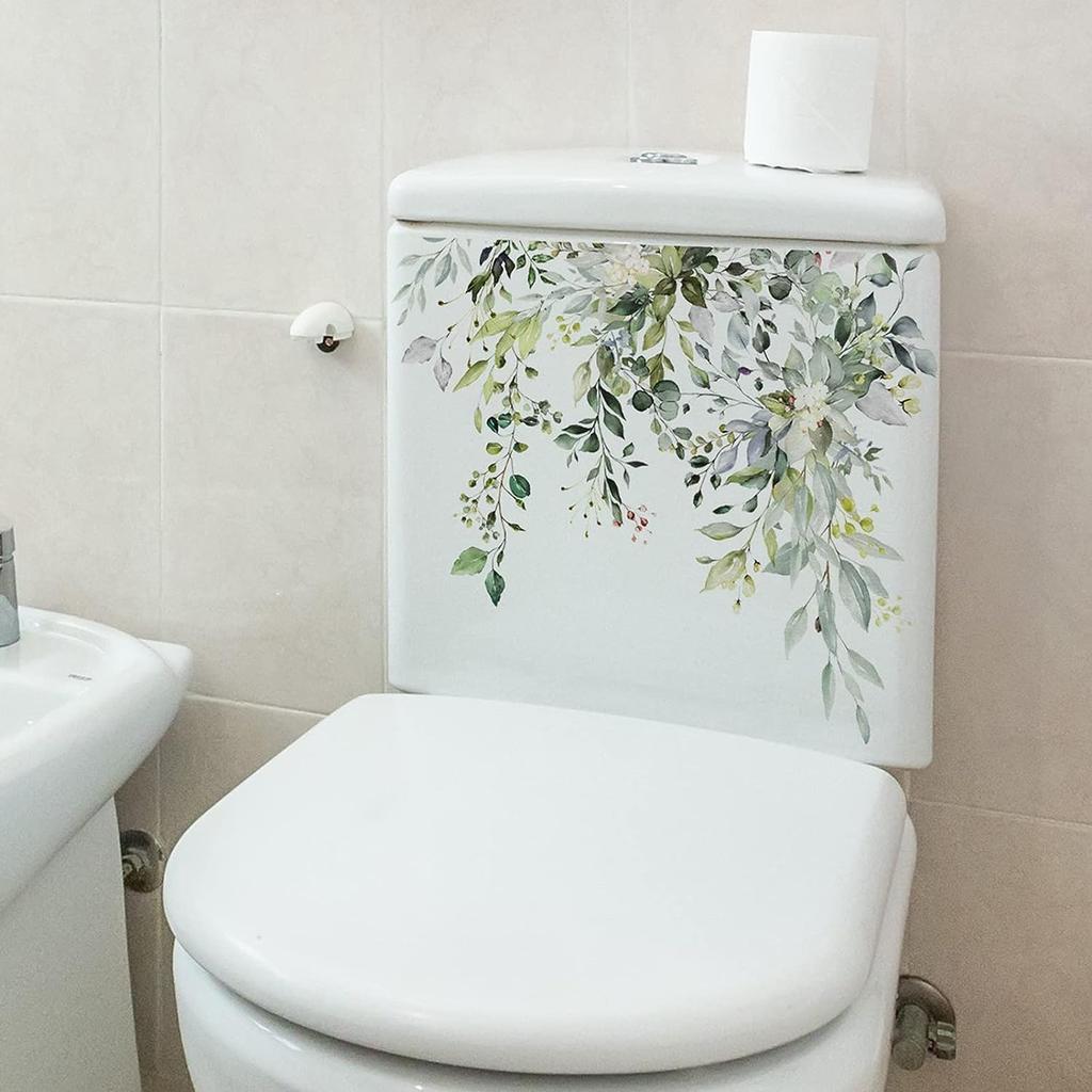 Green Plant Leaves Flowers Toilet Seat Lid Stickers Self-Adhesive Bathroom Wall Stickers Green Leaf Floral Toilet Lid Decals DIY Removable Waterproof