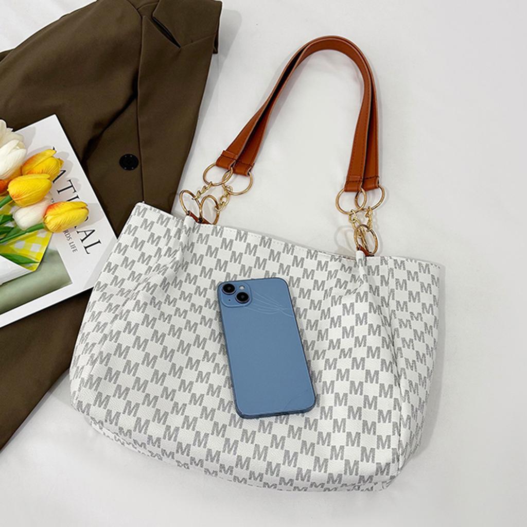 Women's Vintage M Logo Tote Bag Glossy Finish Large Capacity Zipper PU Detachable Pouch Easy Organize for Daily Commute Shopping
