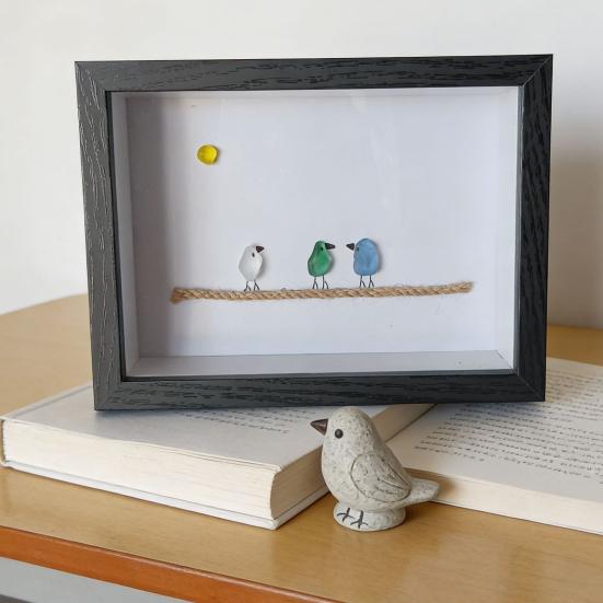 Sea Glass Photo Frame Home Decor 7.6 Inch Handmade Sea Glass Birds Artwork Wooden Frame Unique Sea Glass Art Decoration Housewarming Gift for Friend
