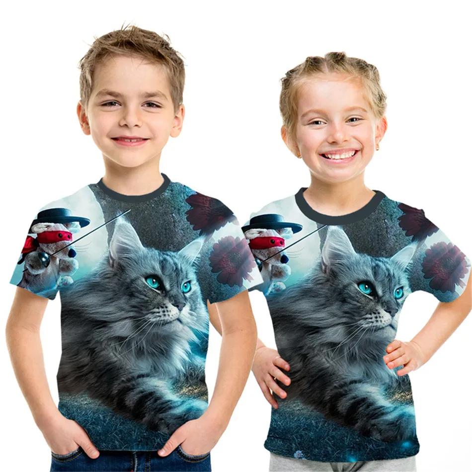 Children's Clothing Boy Girl Short Sleeve Children Summer Clothes 3D Cat Print Lovely Black T-Shirt 2024 Kids Clothes Girl Tops