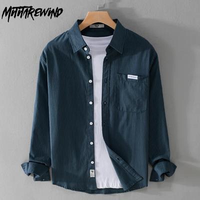 Frühling Herbst Gestreiften Langarm Männer Hemd Täglich Casual Shirts Tasche Drehen Unten Kragen Hemd Neue Mode Einfachen Stil Männer tops Vielseitig