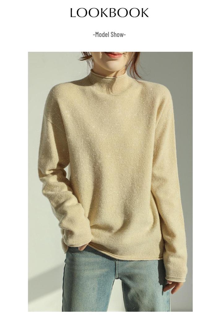 Gold & Silver Thread Half-High Collar 100% Pure Wool Sweater: Loose, Soft Red New Year Knitwear