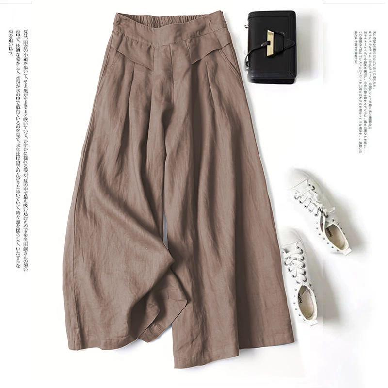 Women's Summer Cotton Linen Elastic Waist Wide-Leg Retro Pants