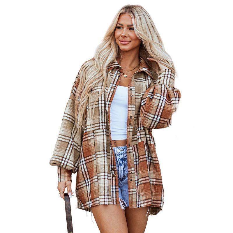 2025 Autumn New Plaid Color Matching Shirt Outerwear Women European and American Leisure Loose Mid-Length Single-Breasted Shirt