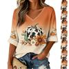 Women's 3/4 Sleeve V-Neck Top with Halloween Print Casual Blouse for Daily Wear