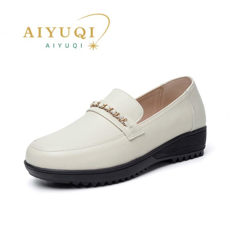 Fashion AIYUQI Mom Shoes Wedge Anti Slip 2025 New Spring Genuine Leather Ladies Shoes Slip-on Large Size Middle-aged Women's Shoes