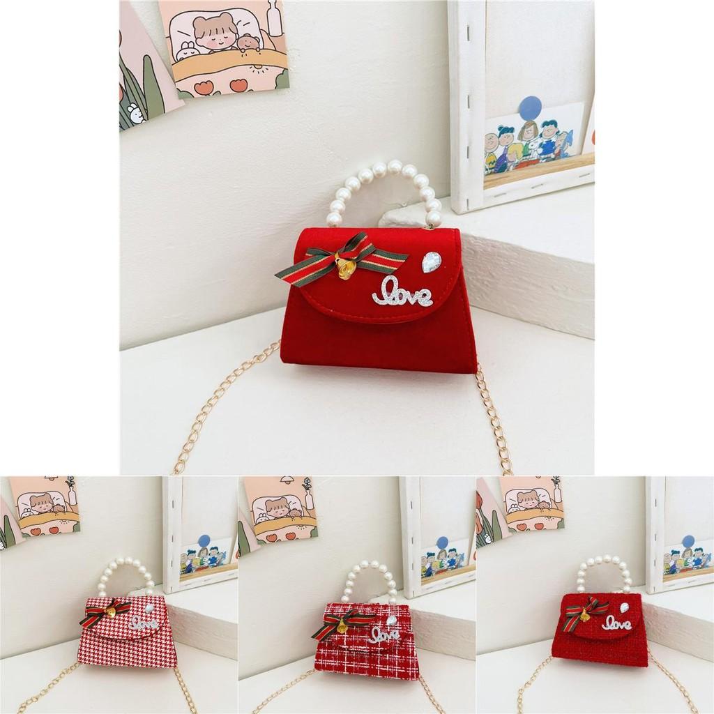 Red Adorable Pearl Handheld Princess Purse For Little Girls With Charming Design Cartoon