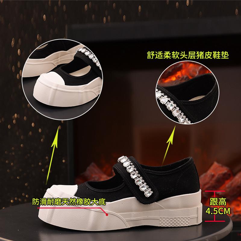 Rhinestone canvas sandals women's 2025 summer new big head Velcro Mary Jane sandals flat-bottomed small fragrant sandals
