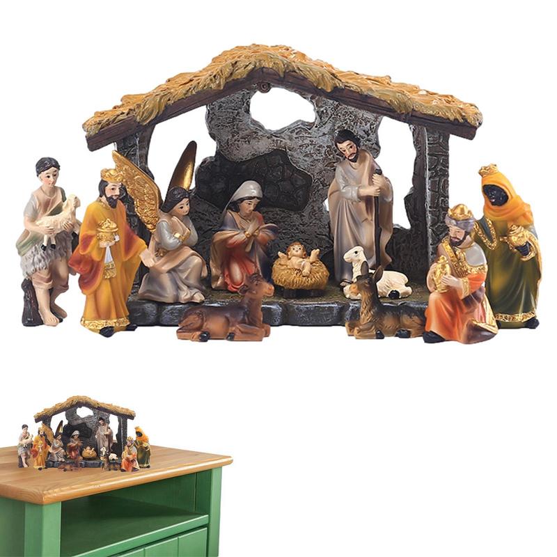 12pcs Set Christmas Manger Nativity Set Real Life Nativity Jesus Manger Christmas Crib Ornament Holy Family Crafts Statue Decor