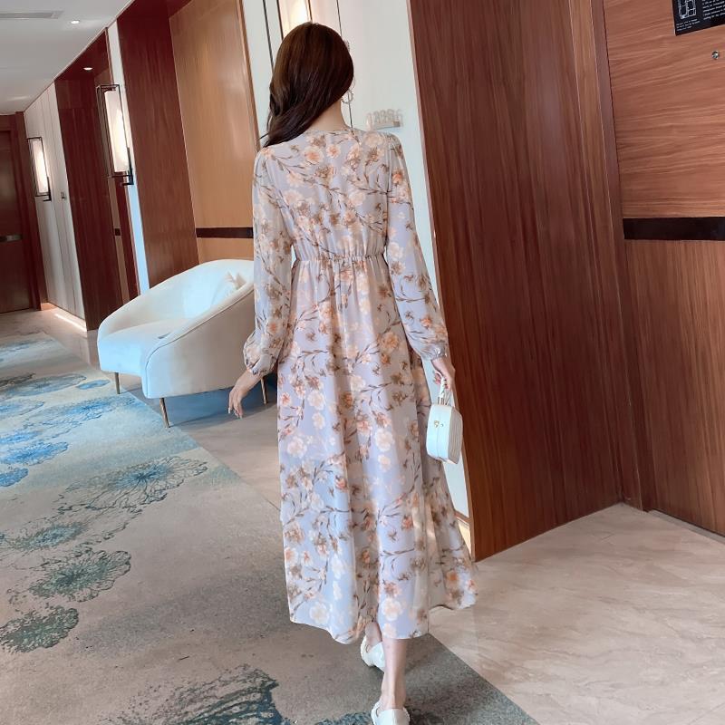 Damenmode Chiffon Blumen Langarm Französisches Kleid für Frühling