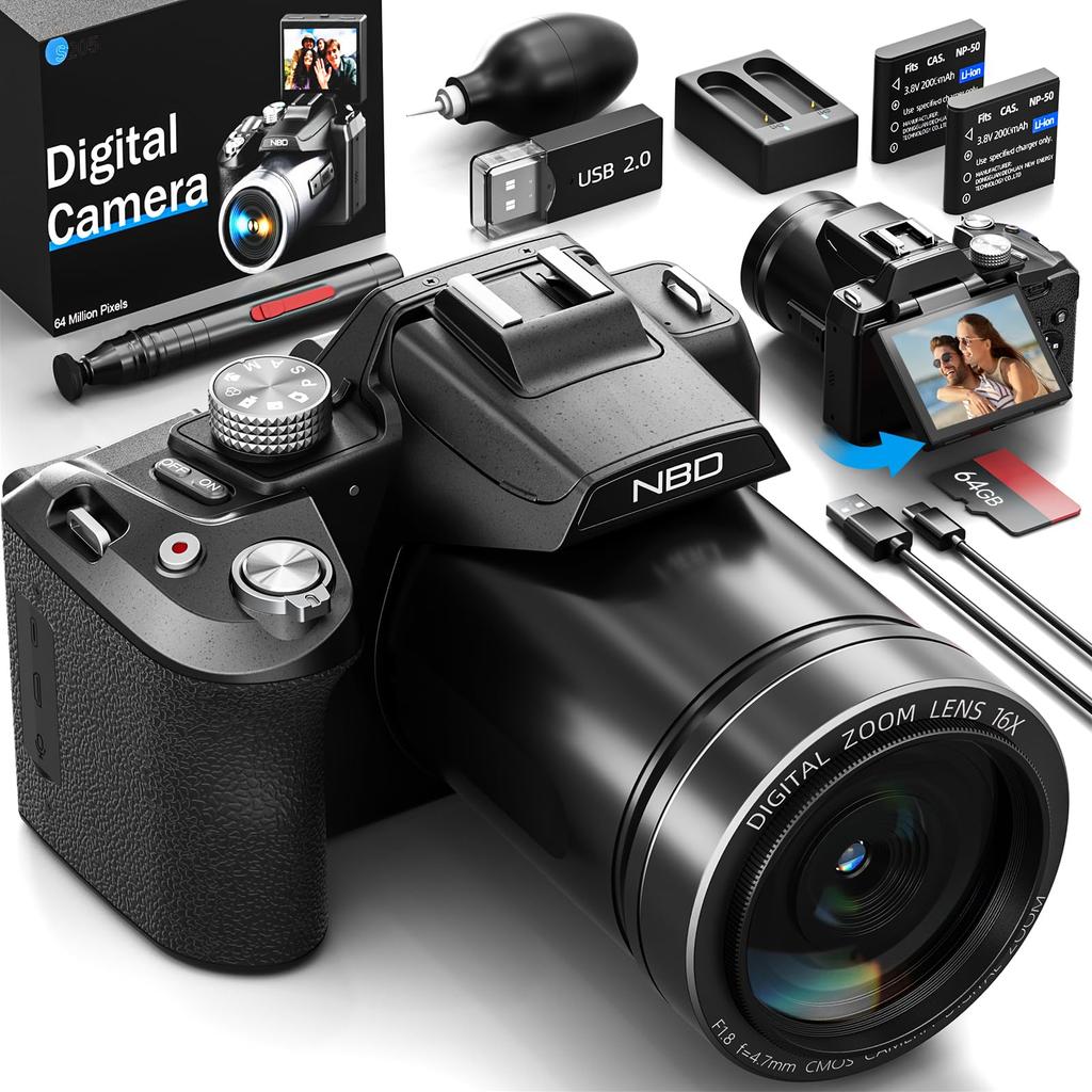 NBD 8K 64MP Digital Camera [Wi-Fi and App Controlled] 16x Zoom with Autofocus and Image Stabilization  180° Flip-Out Screen & Webcam Function  64GB