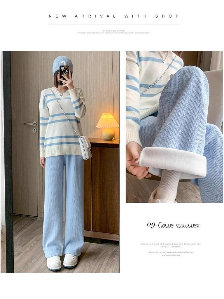 Petite Chenille Wide-Leg Fleece-Lined High-Waist Knitted Pants for Women - Autumn/Winter Wheat Ear Pattern
