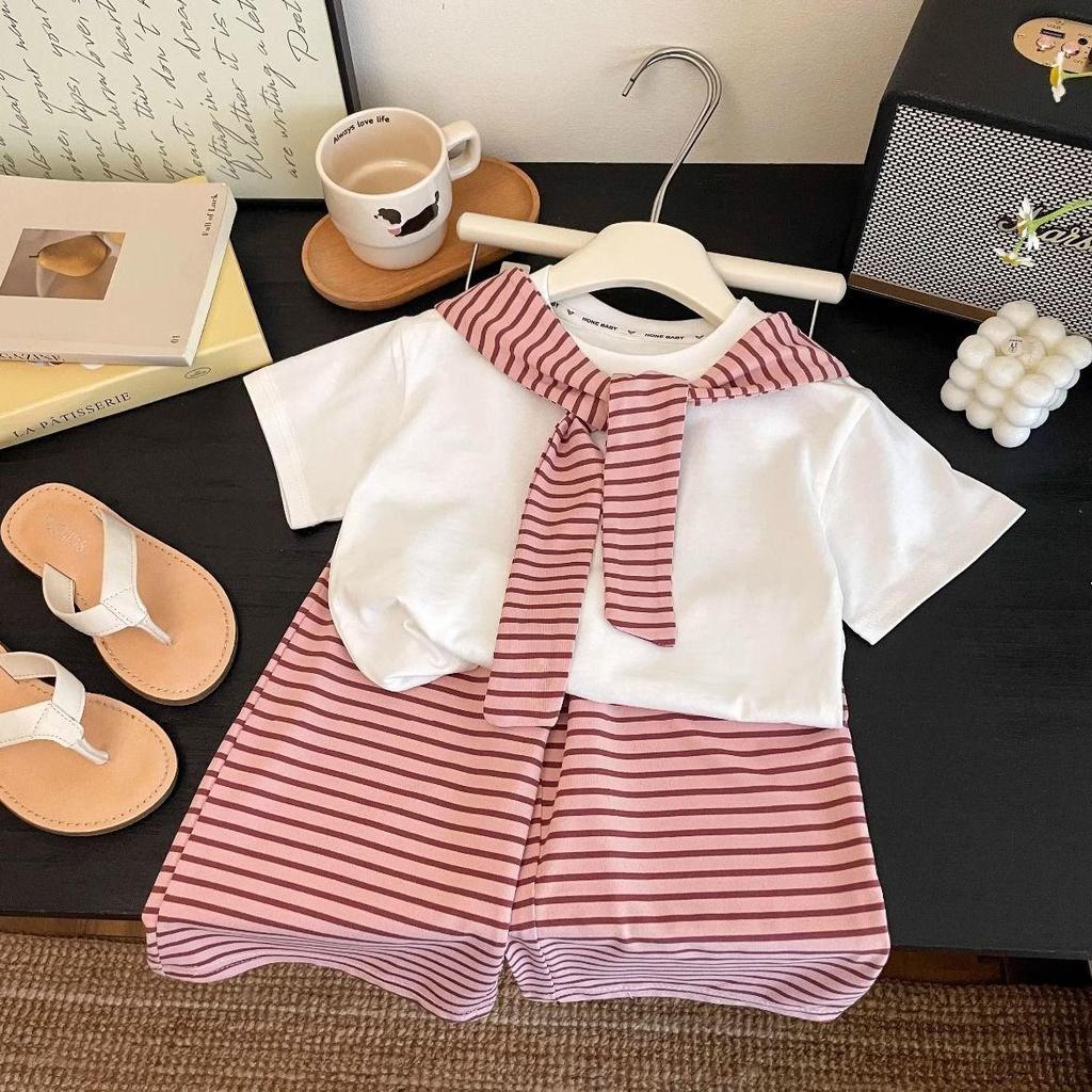 Mädchen Dopamin Gestreifter Schal & Weitbein Hose Set - Sommer 2025 Kollektion