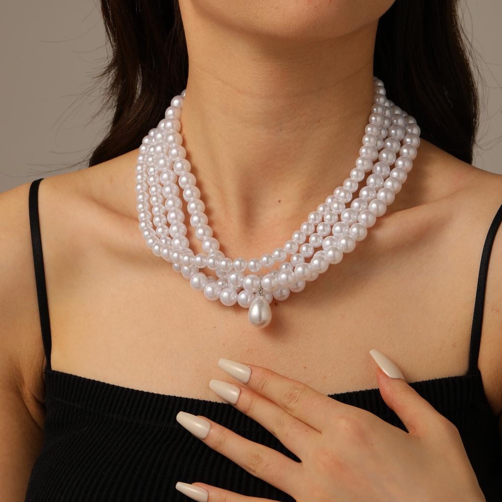 Pearl stacked necklace European and American jewelry multi-layer retro irregular water drop pendant beaded neck jewelry women